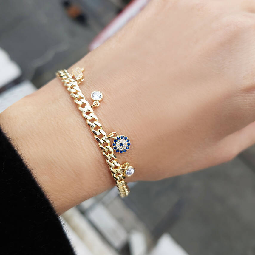 Vaoov 925 Ayar Gümüş Fatmanın Eli Nazar Taşlı Kelepçe Bilezik - 1