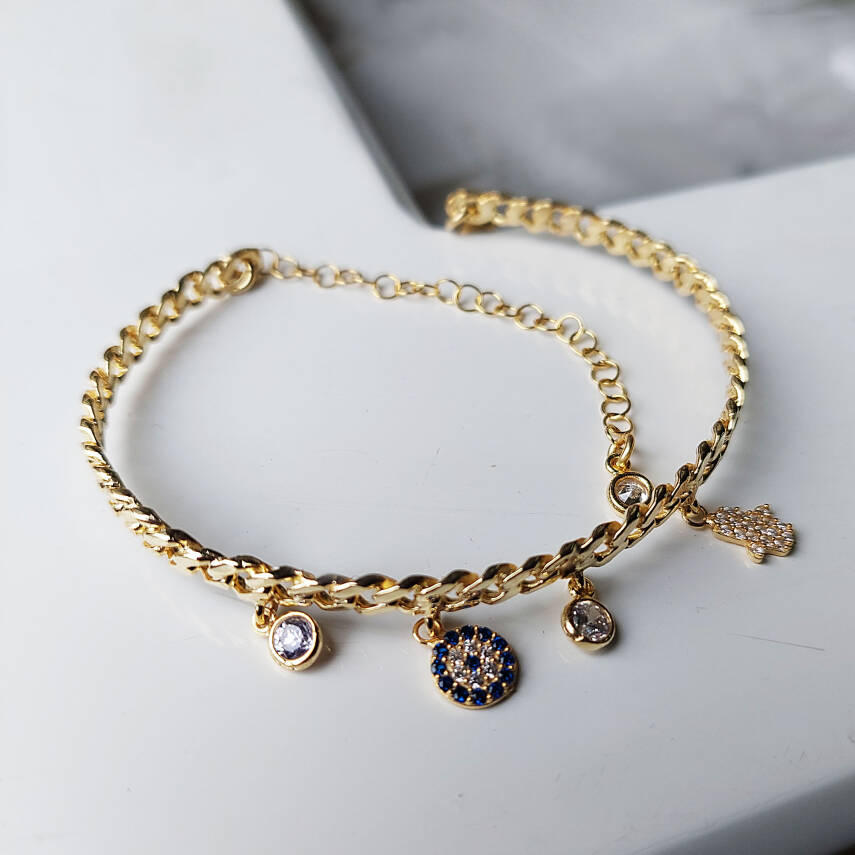 Vaoov 925 Ayar Gümüş Fatmanın Eli Nazar Taşlı Kelepçe Bilezik - 2