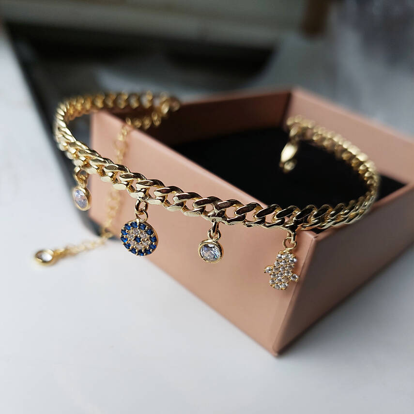 Vaoov 925 Ayar Gümüş Fatmanın Eli Nazar Taşlı Kelepçe Bilezik - 3