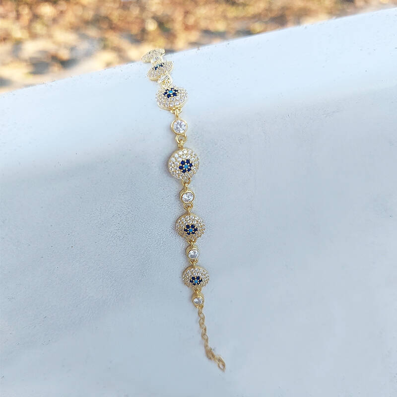 Vaoov 925 Ayar Gümüş Gold Çoklu Nazar Bileklik - 2