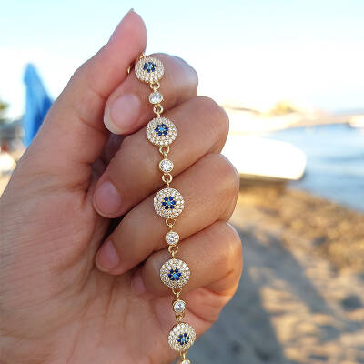 Vaoov 925 Ayar Gümüş Gold Çoklu Nazar Bileklik - 5