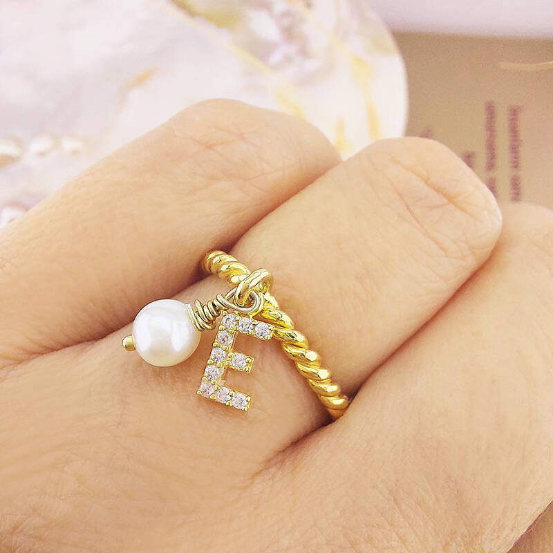 Vaoov 925 Ayar Gümüş Harf Sallantılı İnci Yüzük - 1