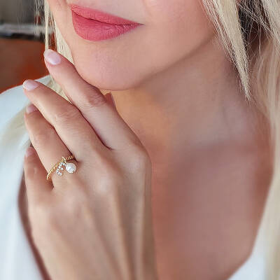 Vaoov 925 Ayar Gümüş Harf Sallantılı İnci Yüzük - 2