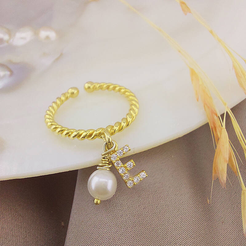 Vaoov 925 Ayar Gümüş Harf Sallantılı İnci Yüzük - 3