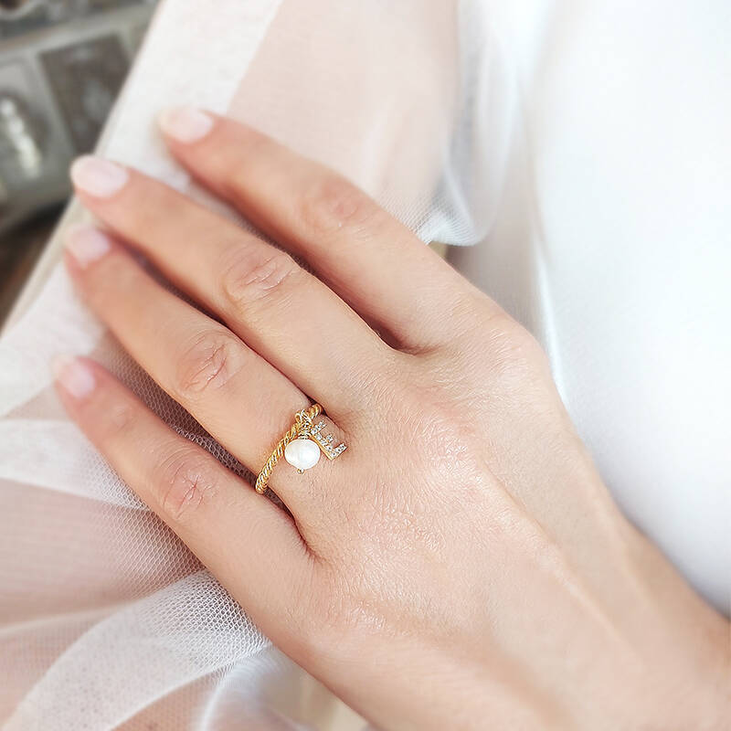 Vaoov 925 Ayar Gümüş Harf Sallantılı İnci Yüzük - 4