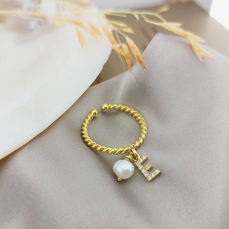 Vaoov 925 Ayar Gümüş Harf Sallantılı İnci Yüzük - 5