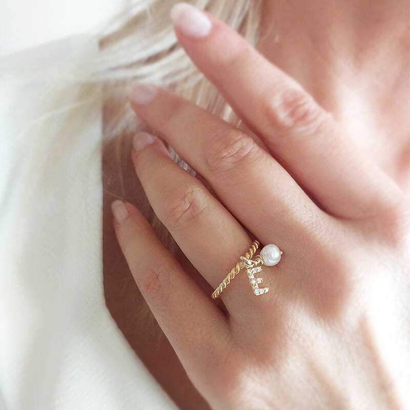 Vaoov 925 Ayar Gümüş Harf Sallantılı İnci Yüzük - 6