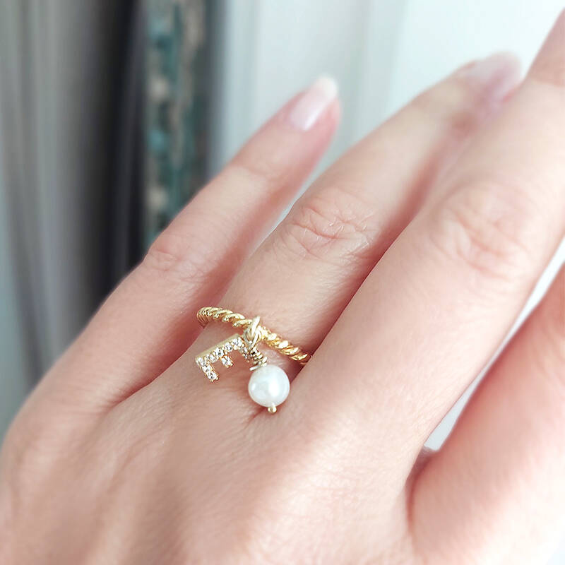 Vaoov 925 Ayar Gümüş Harf Sallantılı İnci Yüzük - 8