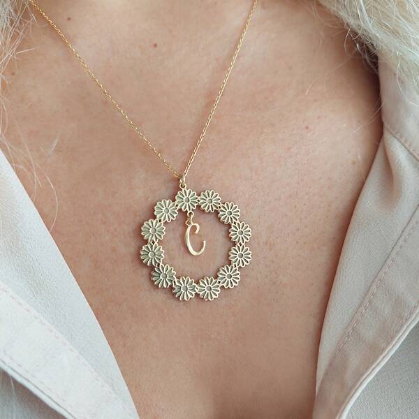 Vaoov 925 Ayar Gümüş Harf Sallantılı Papatya Kolye - 2