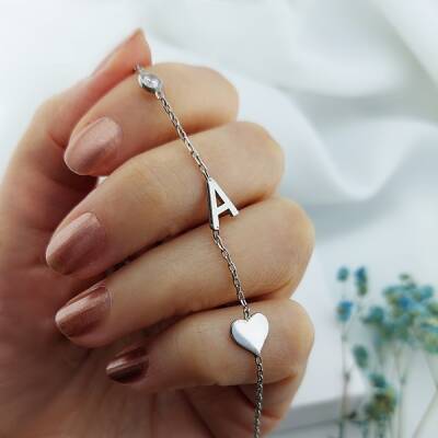 Vaoov 925 Ayar Gümüş Harf Taş ve Kalpli Bileklik 