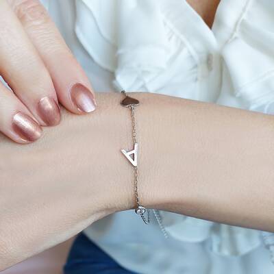 Vaoov 925 Ayar Gümüş Harf Taş ve Kalpli Bileklik  - 2