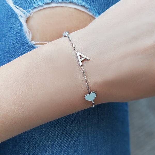 Vaoov 925 Ayar Gümüş Harf Taş ve Kalpli Bileklik  - 3