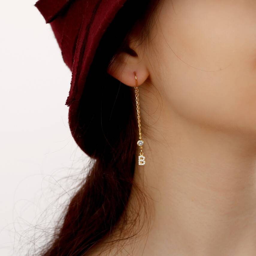 Vaoov 925 Ayar Gümüş Harfli Sallantılı Küpe - 3