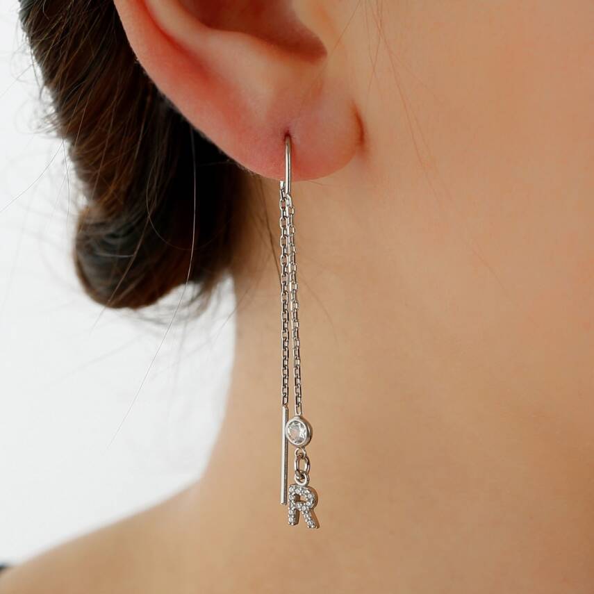 Vaoov 925 Ayar Gümüş Harfli Sallantılı Küpe - 4