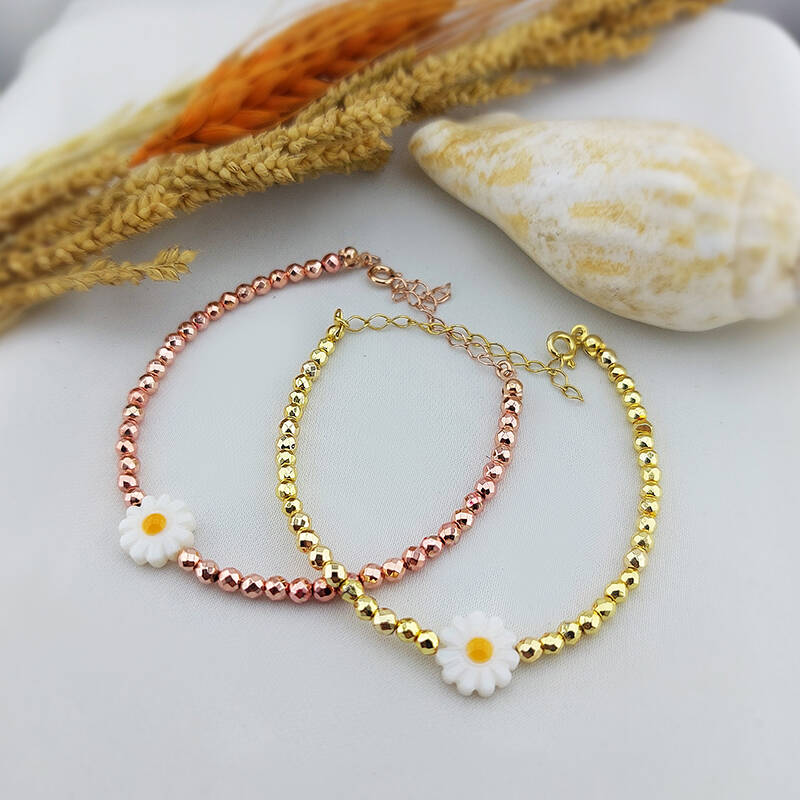 Vaoov 925 Ayar Gümüş Hematit Taşlı Papatya Bileklik - 4