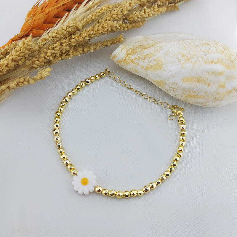 Vaoov 925 Ayar Gümüş Hematit Taşlı Papatya Bileklik - 2