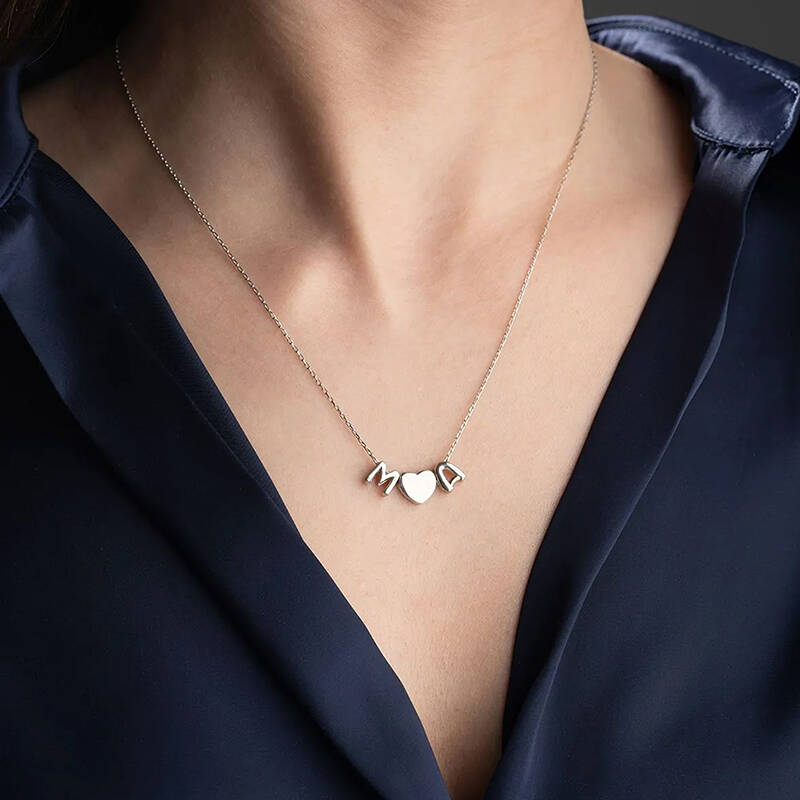 Vaoov 925 Ayar Gümüş İki Harf ve Kalp Kolye - 3