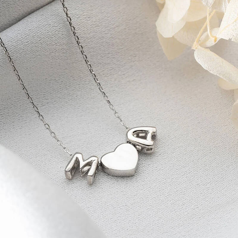 Vaoov 925 Ayar Gümüş İki Harf ve Kalp Kolye - 4