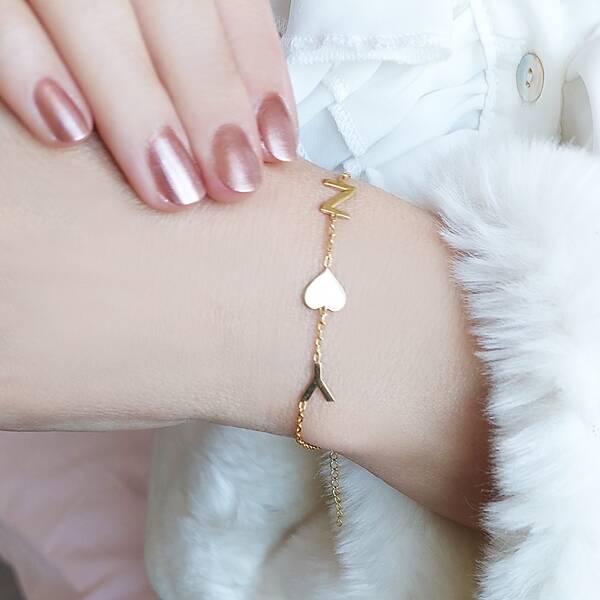 Vaoov 925 Ayar Gümüş İki Harf ve Kalpli Bileklik - 1