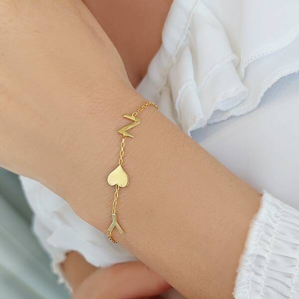 Vaoov 925 Ayar Gümüş İki Harf ve Kalpli Bileklik - 2