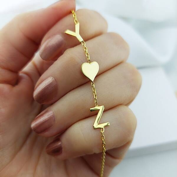 Vaoov 925 Ayar Gümüş İki Harf ve Kalpli Bileklik - 3