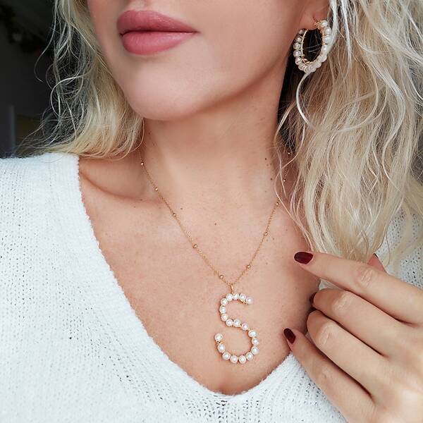 Vaoov 925 Ayar Gümüş İnci Harf Kolye - 4