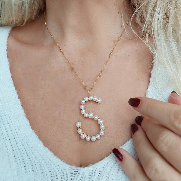 Vaoov 925 Ayar Gümüş İnci Harf Kolye - 6