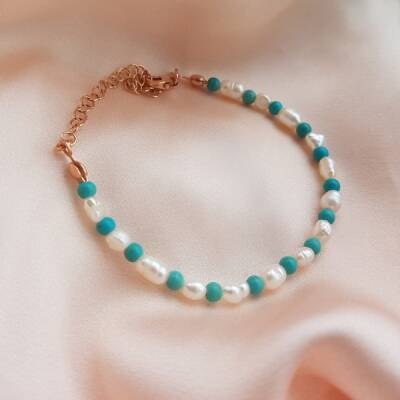 VAOOV 925 Ayar Gümüş İnci ve Firuze Taşlı Bileklik - 2