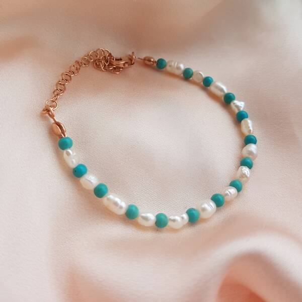 VAOOV 925 Ayar Gümüş İnci ve Firuze Taşlı Bileklik - 2