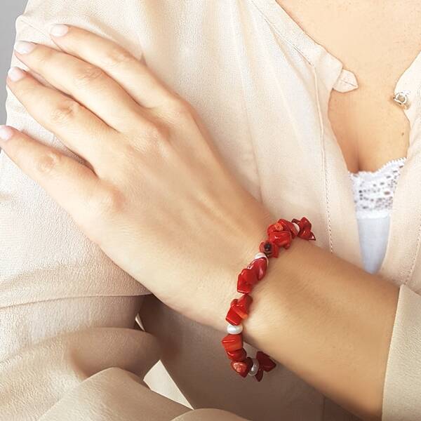 VAOOV 925 Ayar Gümüş İnci ve Mercan Taşlı Bileklik  - 1