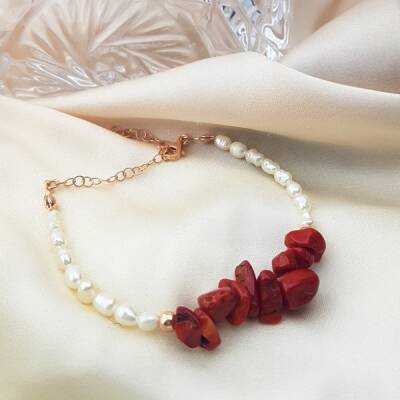 VAOOV 925 Ayar Gümüş İnci ve Mercan Taşlı Bileklik - 2