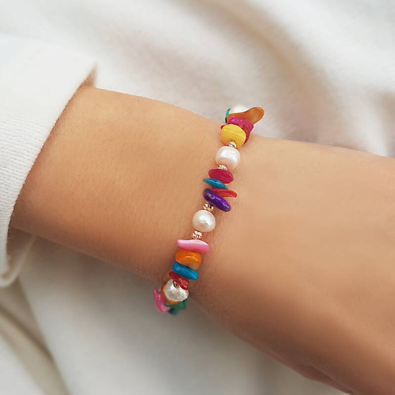 Vaoov 925 Ayar Gümüş İnci ve Renkli Sedef Taşlı Bayan Hediye Bileklik - 2