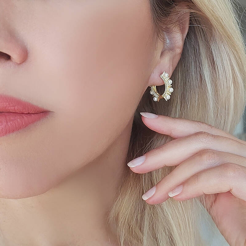 Vaoov 925 Ayar Gümüş İncili Halka Küpe - 1