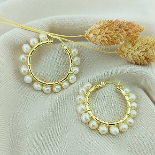 Vaoov 925 Ayar Gümüş İncili Sarmal Halka Küpe  - 1