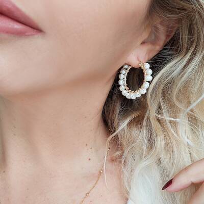 Vaoov 925 Ayar Gümüş İncili Sarmal Halka Küpe  - 2