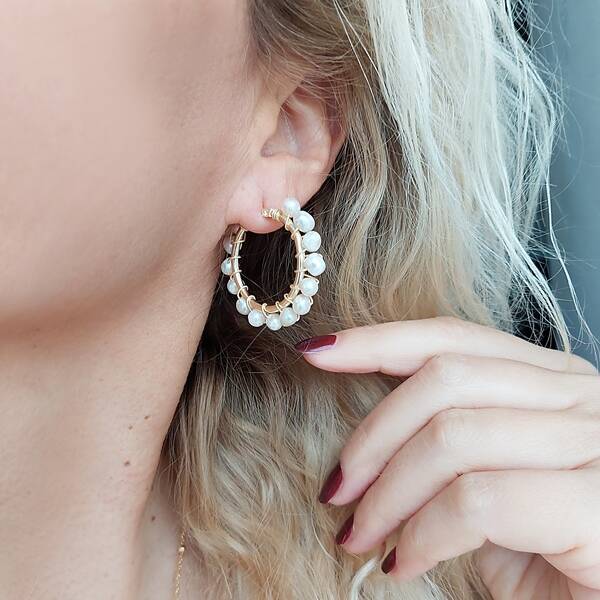 Vaoov 925 Ayar Gümüş İncili Sarmal Halka Küpe  - 3