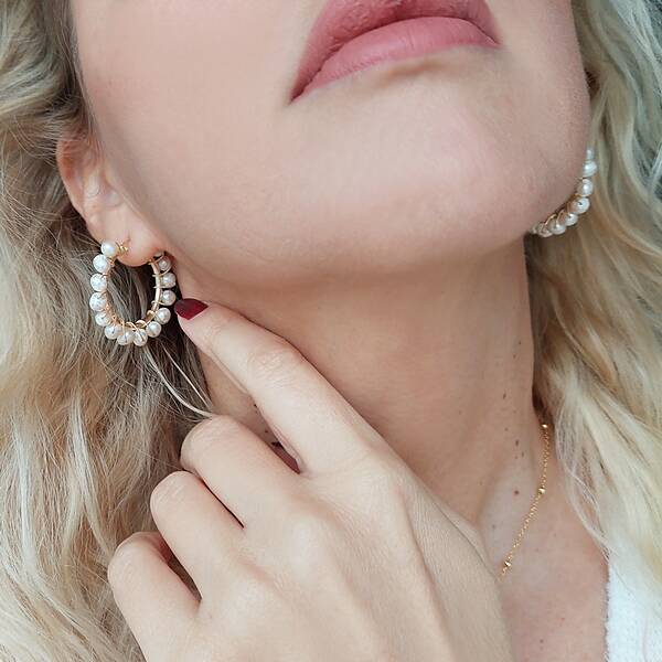 Vaoov 925 Ayar Gümüş İncili Sarmal Halka Küpe  - 4