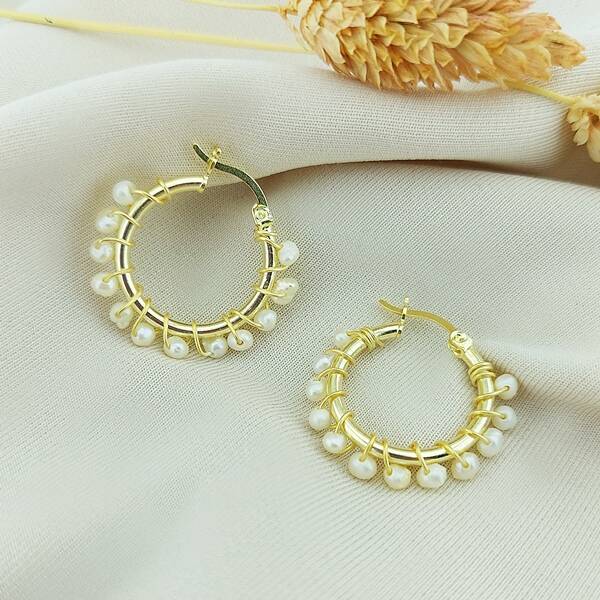 Vaoov 925 Ayar Gümüş İncili Sarmal Küçük Boy Halka Küpe  - 2