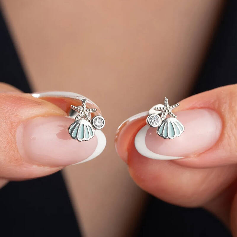 Vaoov 925 Ayar Gümüş İstiridye Kabuğu ve Deniz Yıldızı Küpe - 1