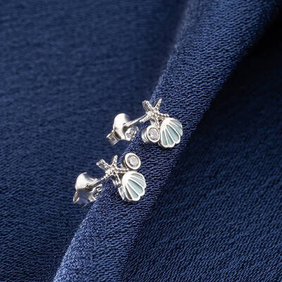 Vaoov 925 Ayar Gümüş İstiridye Kabuğu ve Deniz Yıldızı Küpe - 4