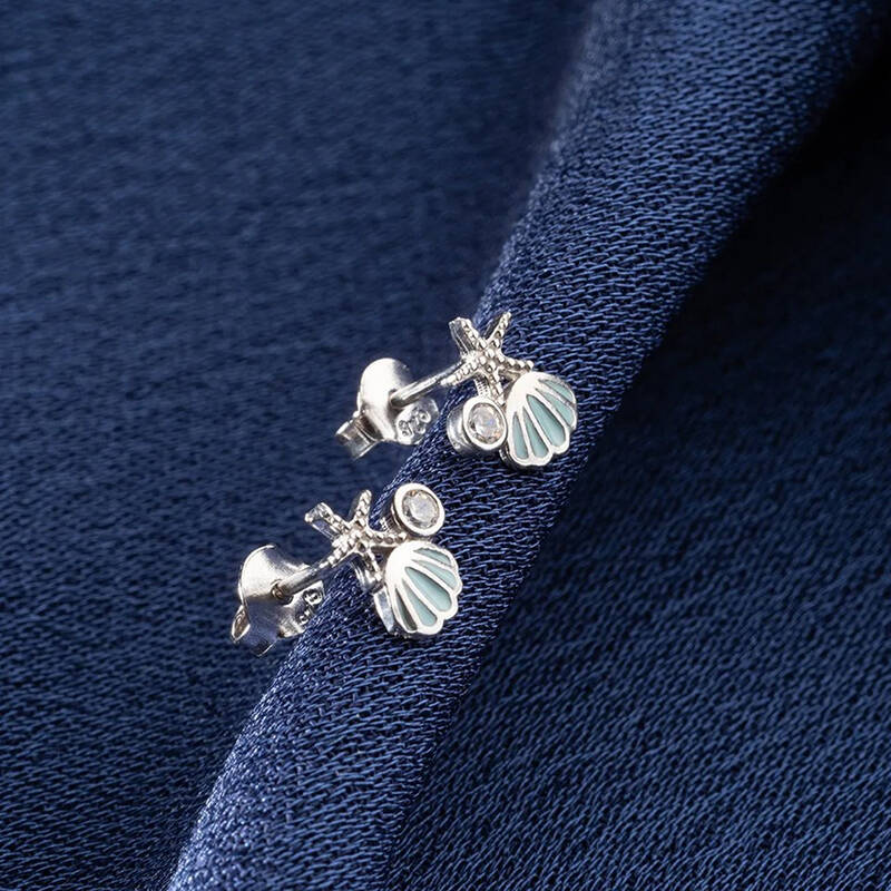 Vaoov 925 Ayar Gümüş İstiridye Kabuğu ve Deniz Yıldızı Küpe - 4