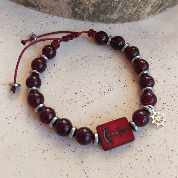 Vaoov 925 Ayar Gümüş Jade ve Hematit Taşlı Çapa Erkek Bileklik  - 1