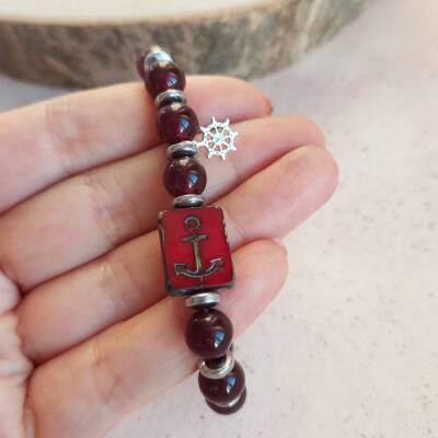 Vaoov 925 Ayar Gümüş Jade ve Hematit Taşlı Çapa Erkek Bileklik  - 2