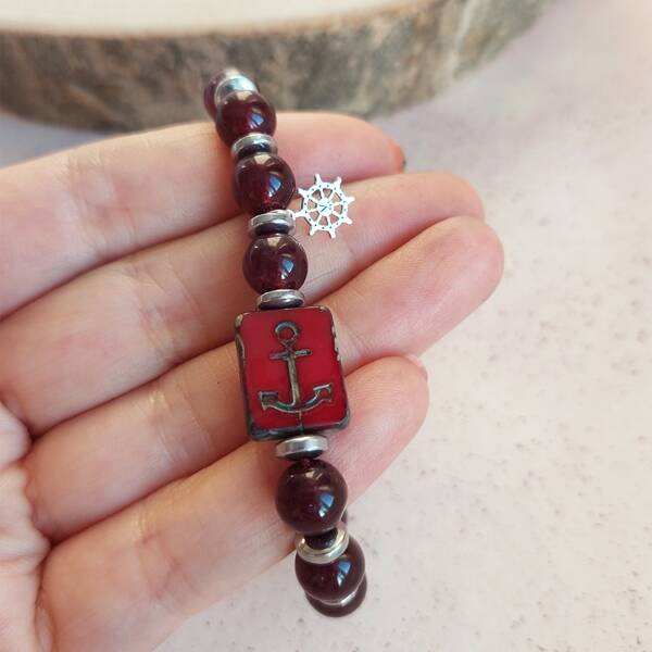 Vaoov 925 Ayar Gümüş Jade ve Hematit Taşlı Çapa Erkek Bileklik  - 2