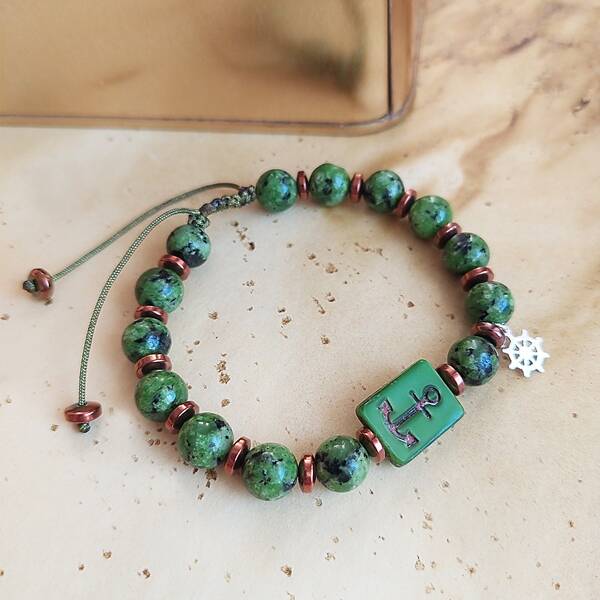 Vaoov 925 Ayar Gümüş Jade ve Hematit Taşlı Çapa Erkek Bileklik - 1