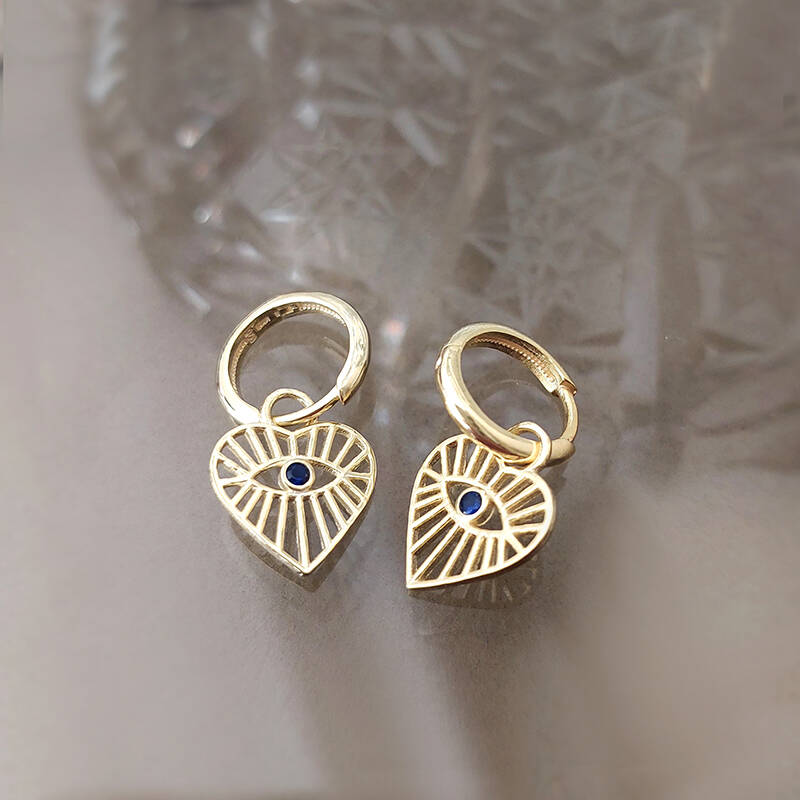 Vaoov 925 Ayar Gümüş Kalpli Gold Göz Küpe  - 1