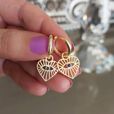 Vaoov 925 Ayar Gümüş Kalpli Gold Göz Küpe  - 3