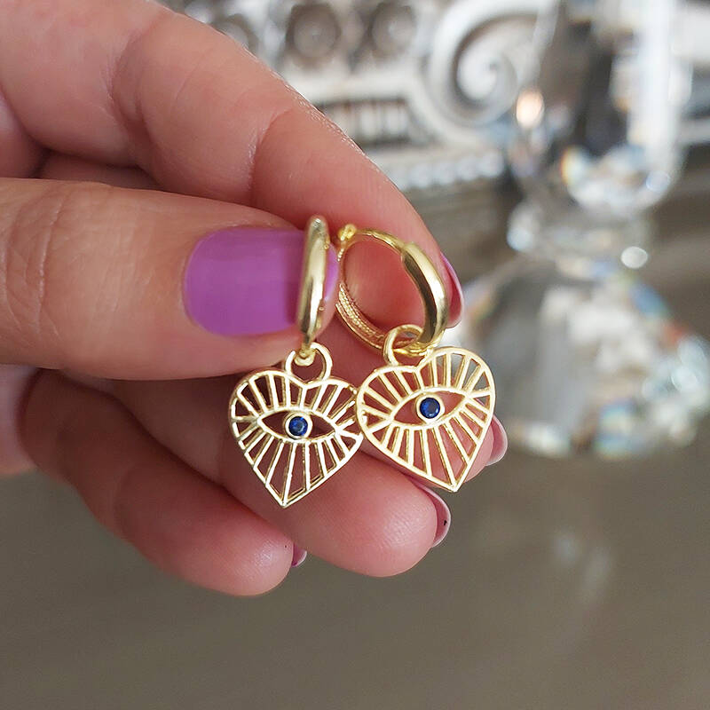 Vaoov 925 Ayar Gümüş Kalpli Gold Göz Küpe  - 3