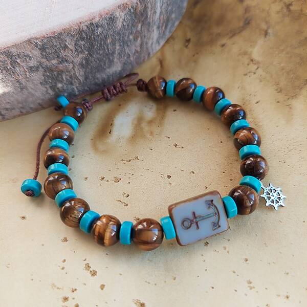 Vaoov 925 Ayar Gümüş Kaplangzü ve FiruzeTaşlı Çapa Erkek Bileklik   - 1