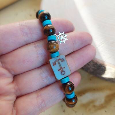 Vaoov 925 Ayar Gümüş Kaplangzü ve FiruzeTaşlı Çapa Erkek Bileklik   - 2